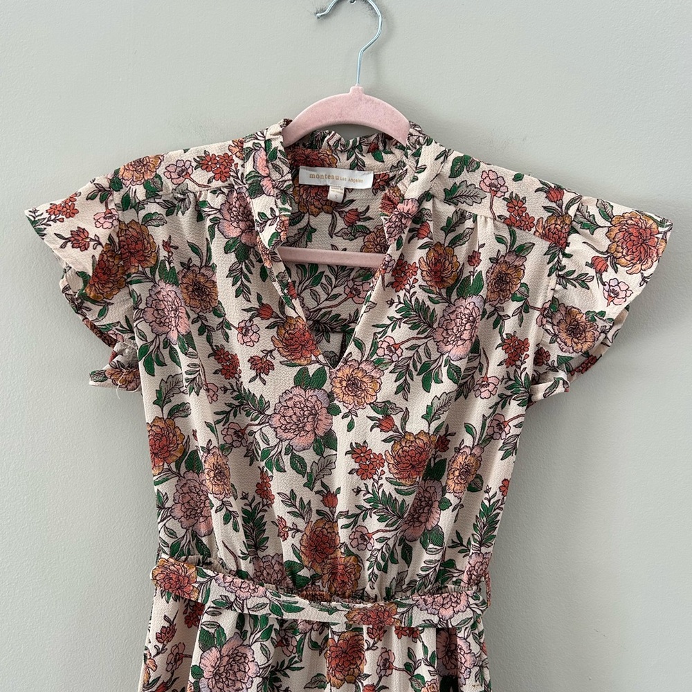 Monteau ⭐️HP⭐️Floral Ruffle Cap Sleeve Tiered  Flare V-Neck Wrap Tie Midi Dress - Picture 5 of 5